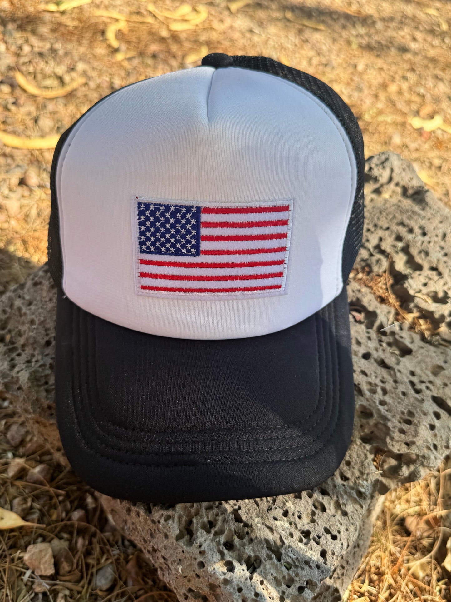 American Flag Trucker Hat – Black & White