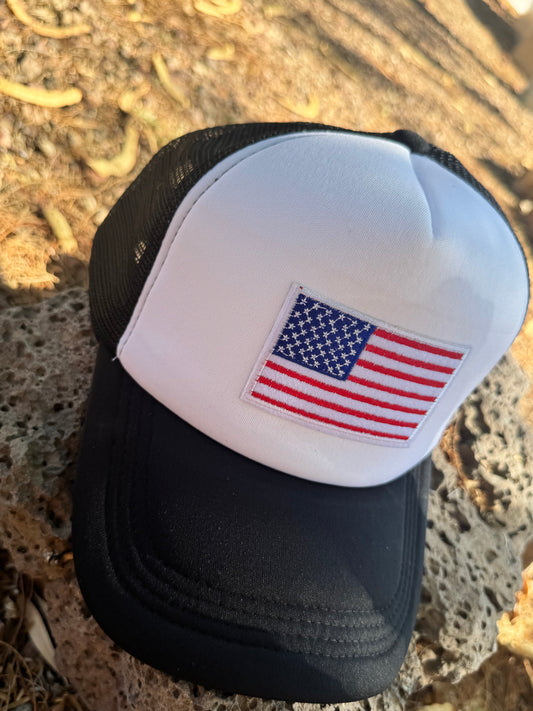 American Flag Trucker Hat – Black & White