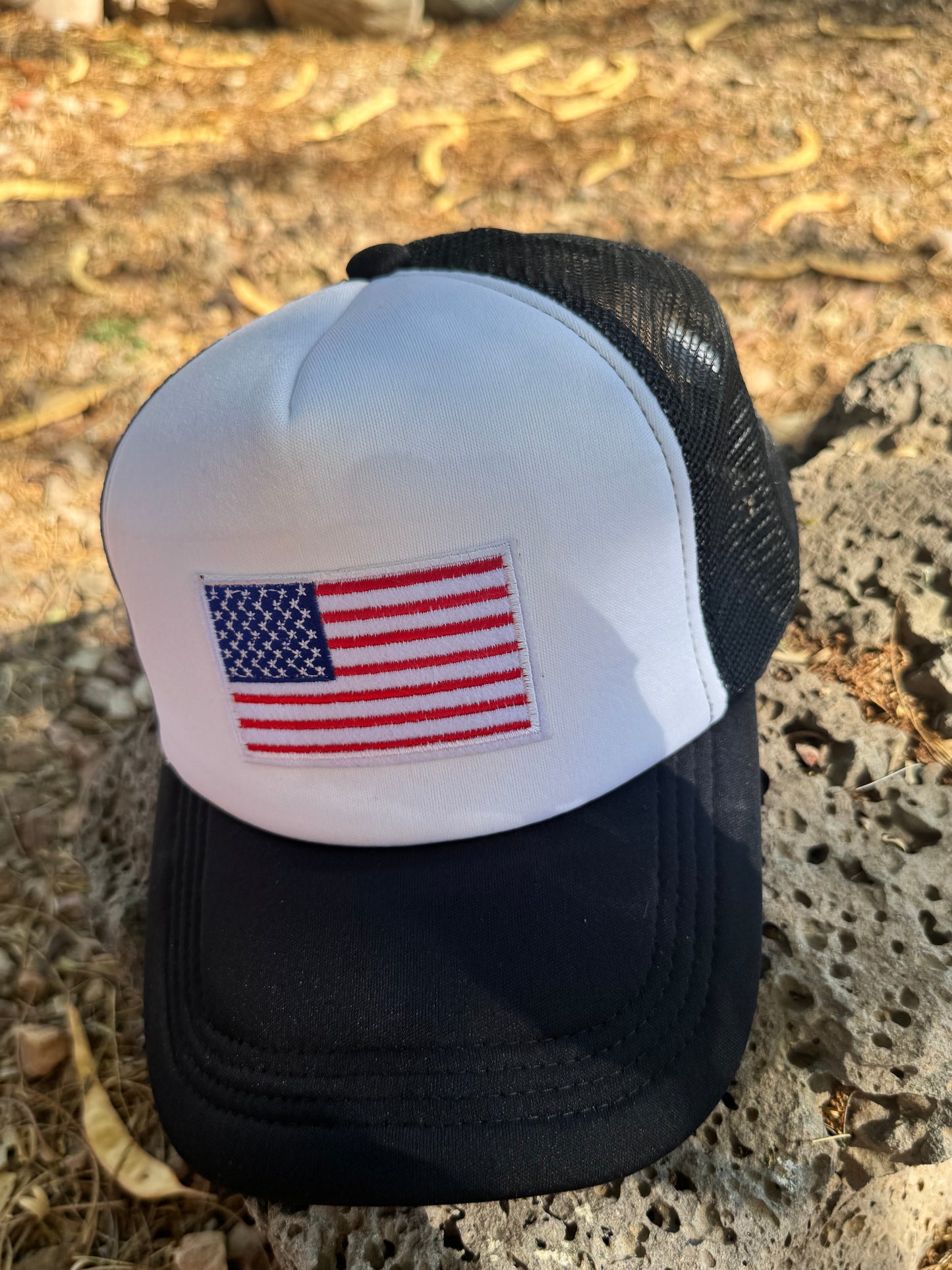 American Flag Trucker Hat – Black & White