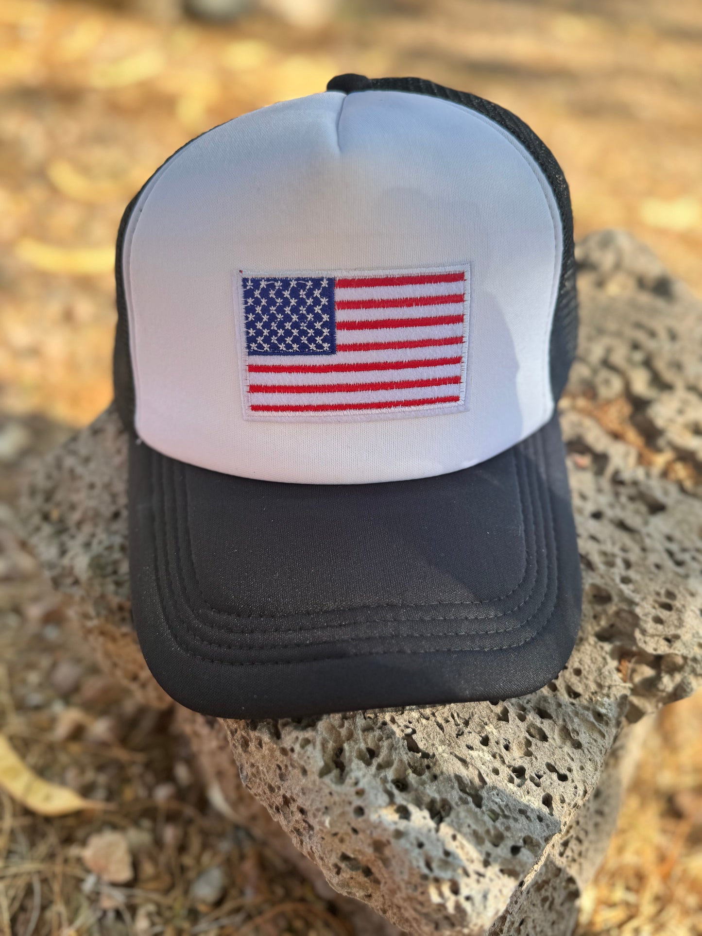 American Flag Trucker Hat – Black & White