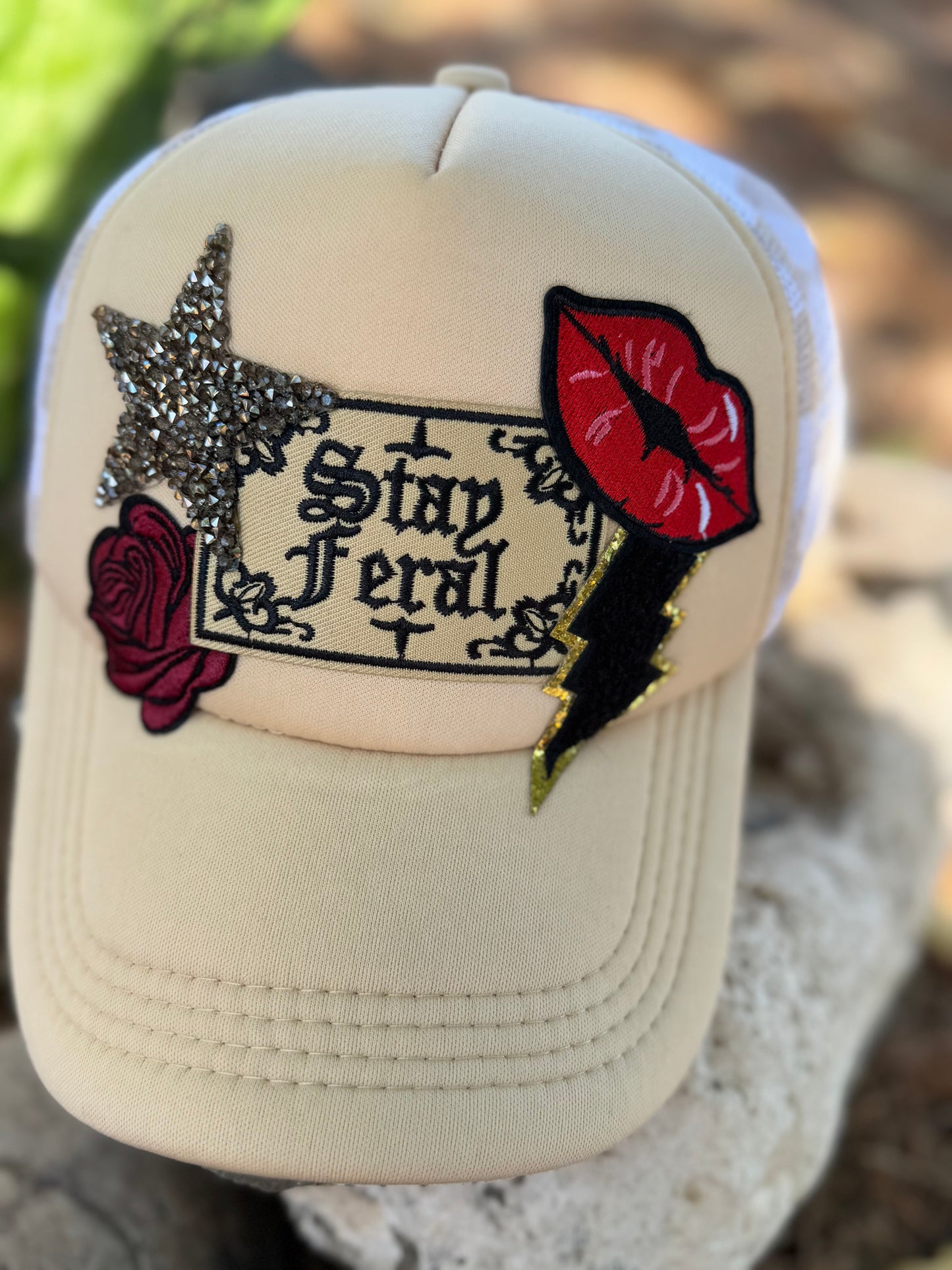 Stay Feral Trucker Hat – Tan Checkered Mesh Back | Western Rebel Trucker Hat for Women