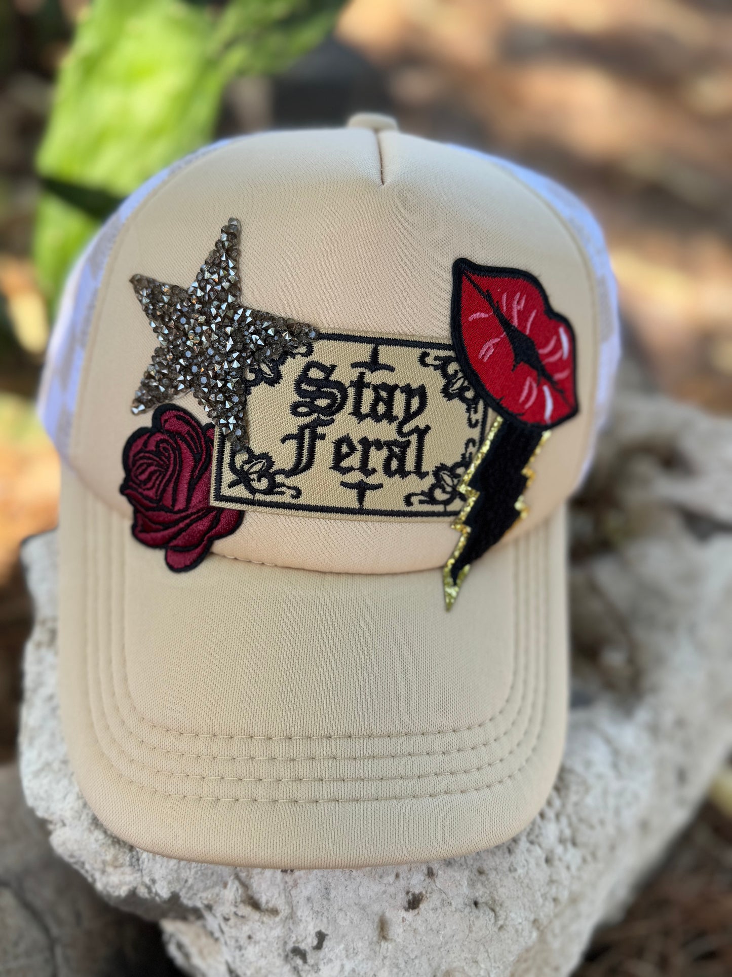 Stay Feral Trucker Hat – Tan Checkered Mesh Back | Western Rebel Trucker Hat for Women