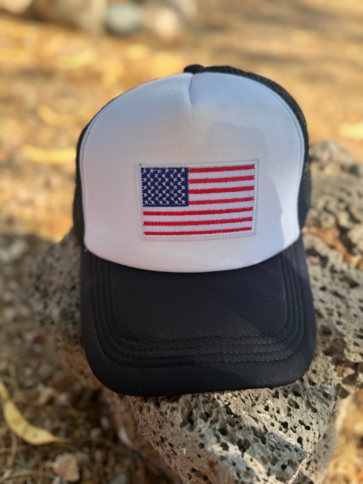 American Flag Trucker Hat – Black & White