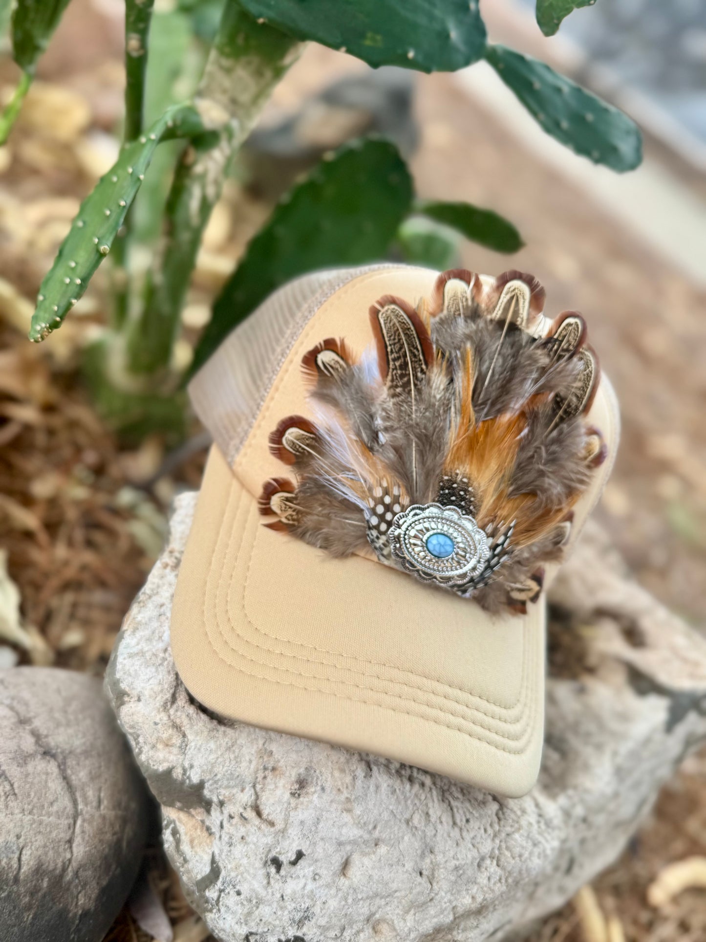 Turquoise Feather Trucker hat