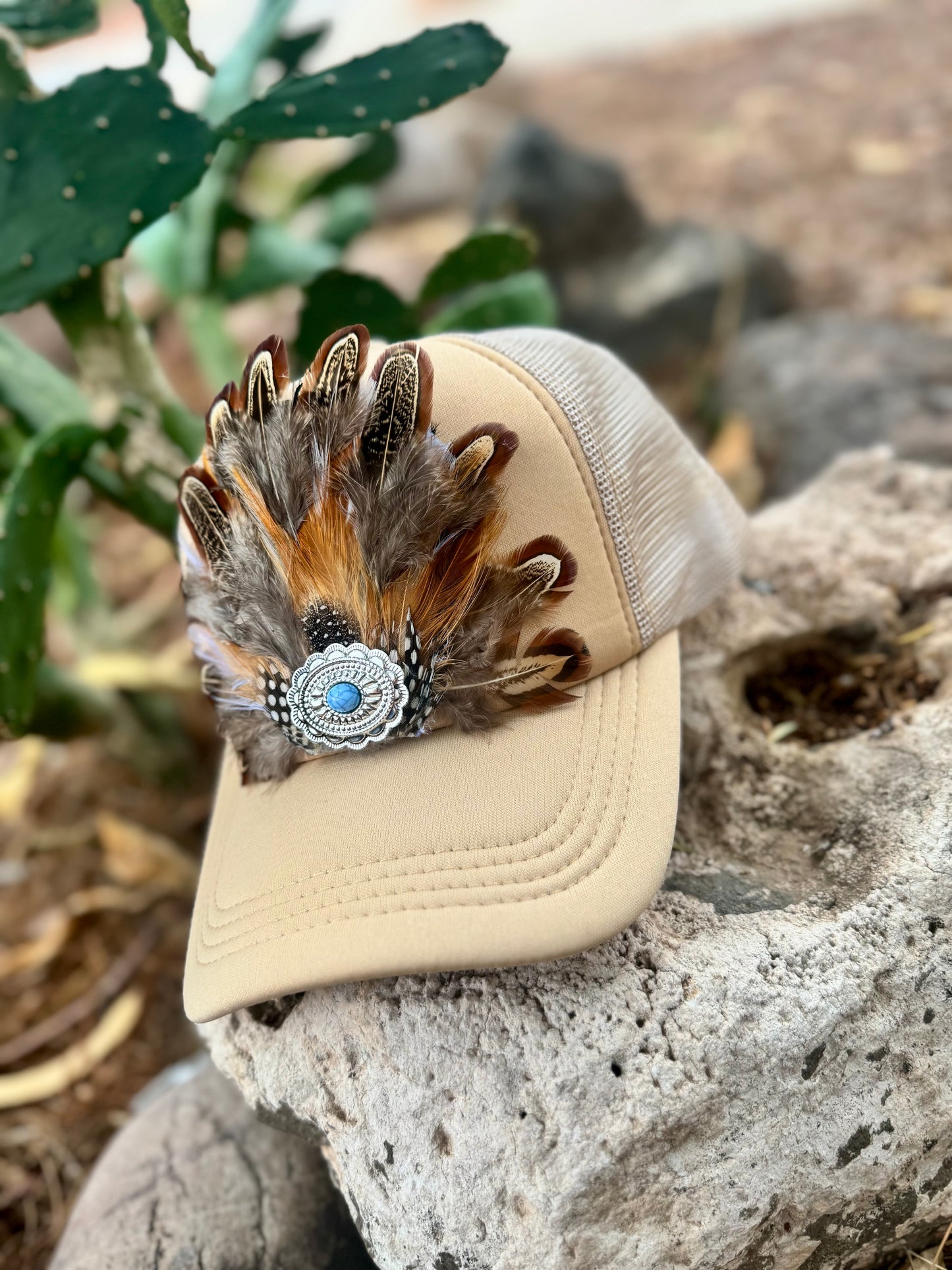 Turquoise Feather Trucker hat