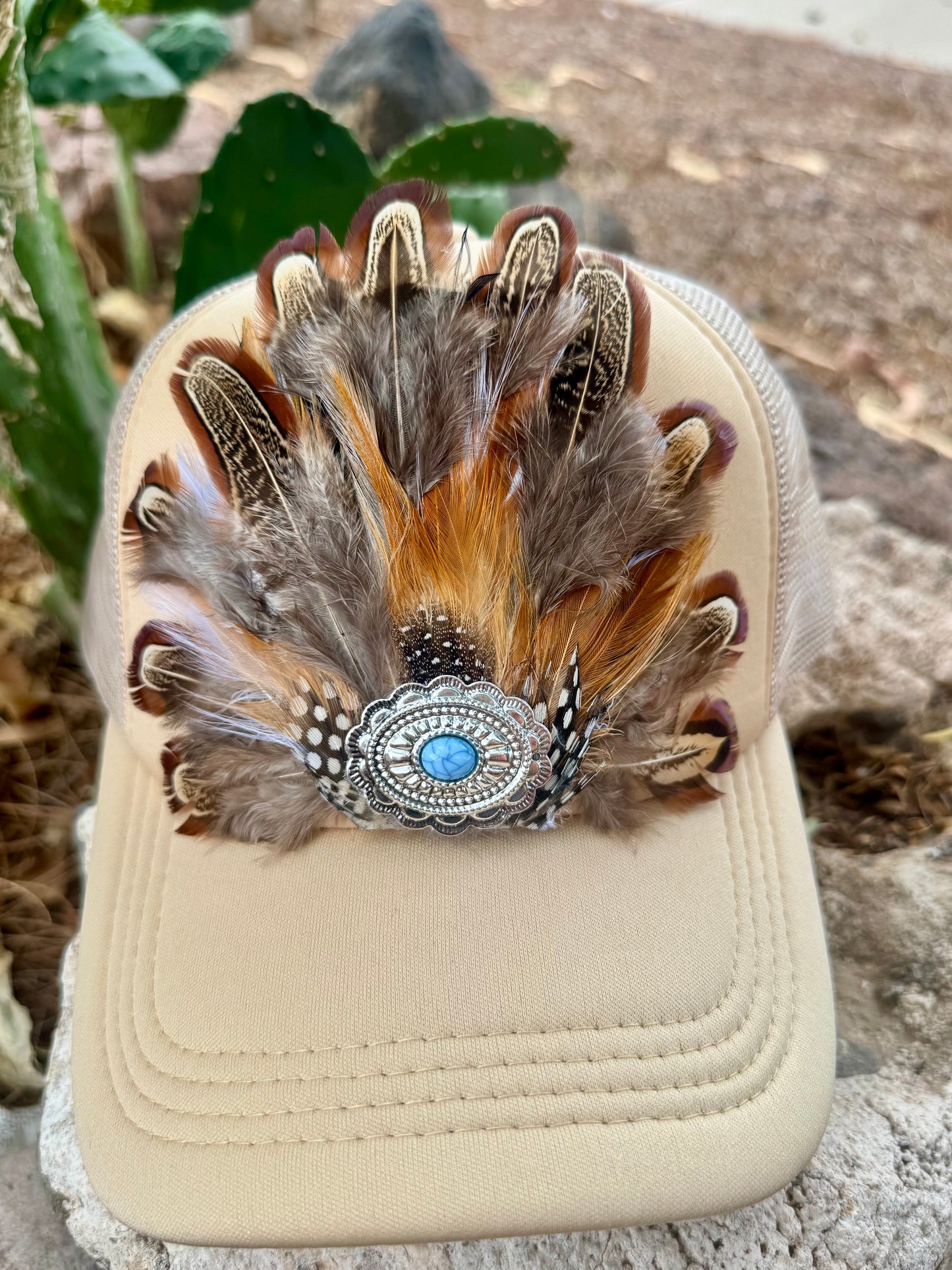 Turquoise Feather Trucker hat
