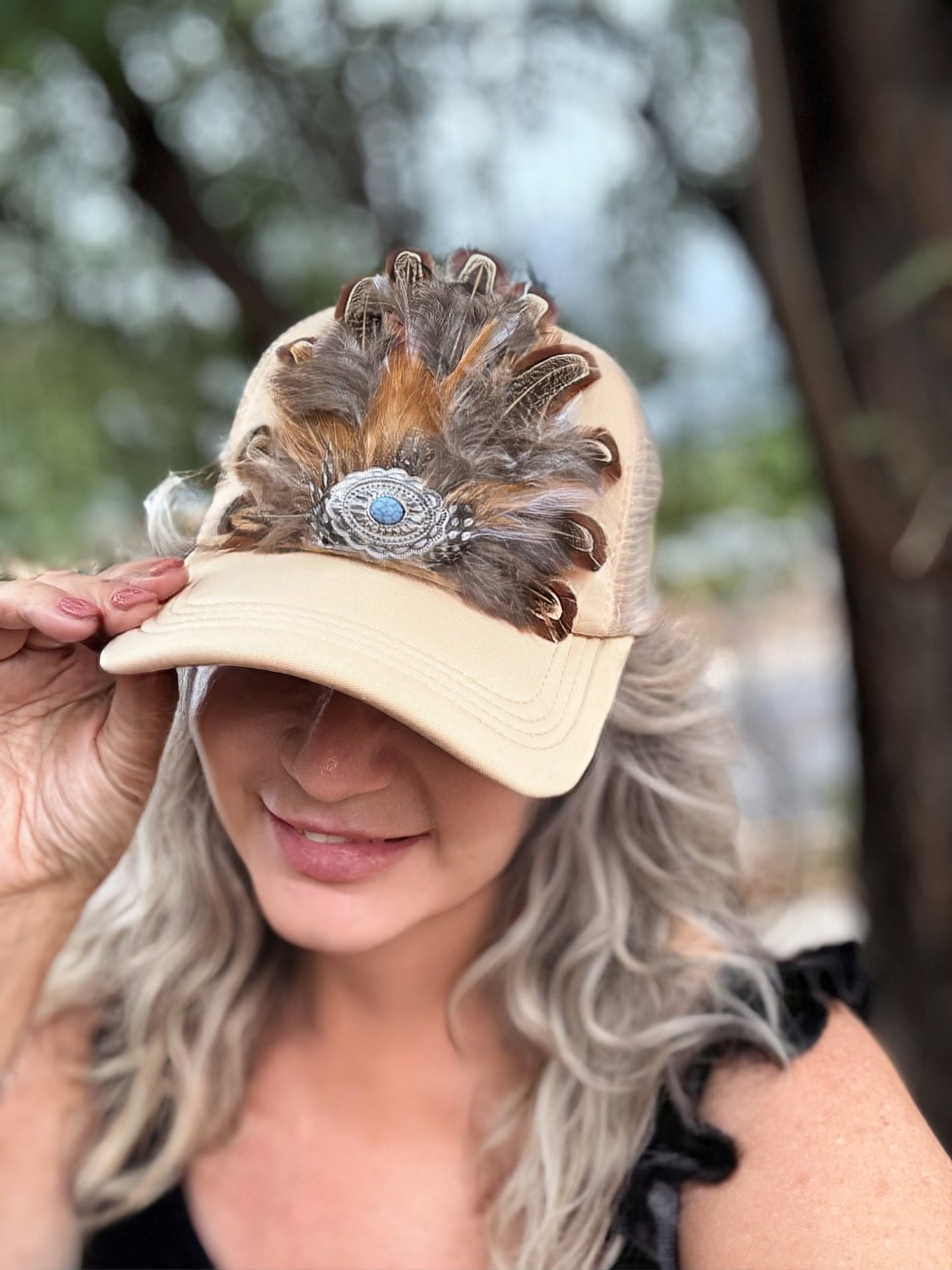 Turquoise Feather Trucker hat