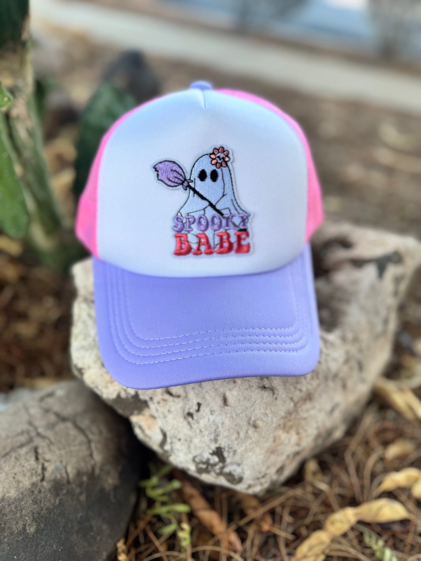 Spooky Babe Ghost Trucker Hat – Pink & Purple Cute Halloween Cap