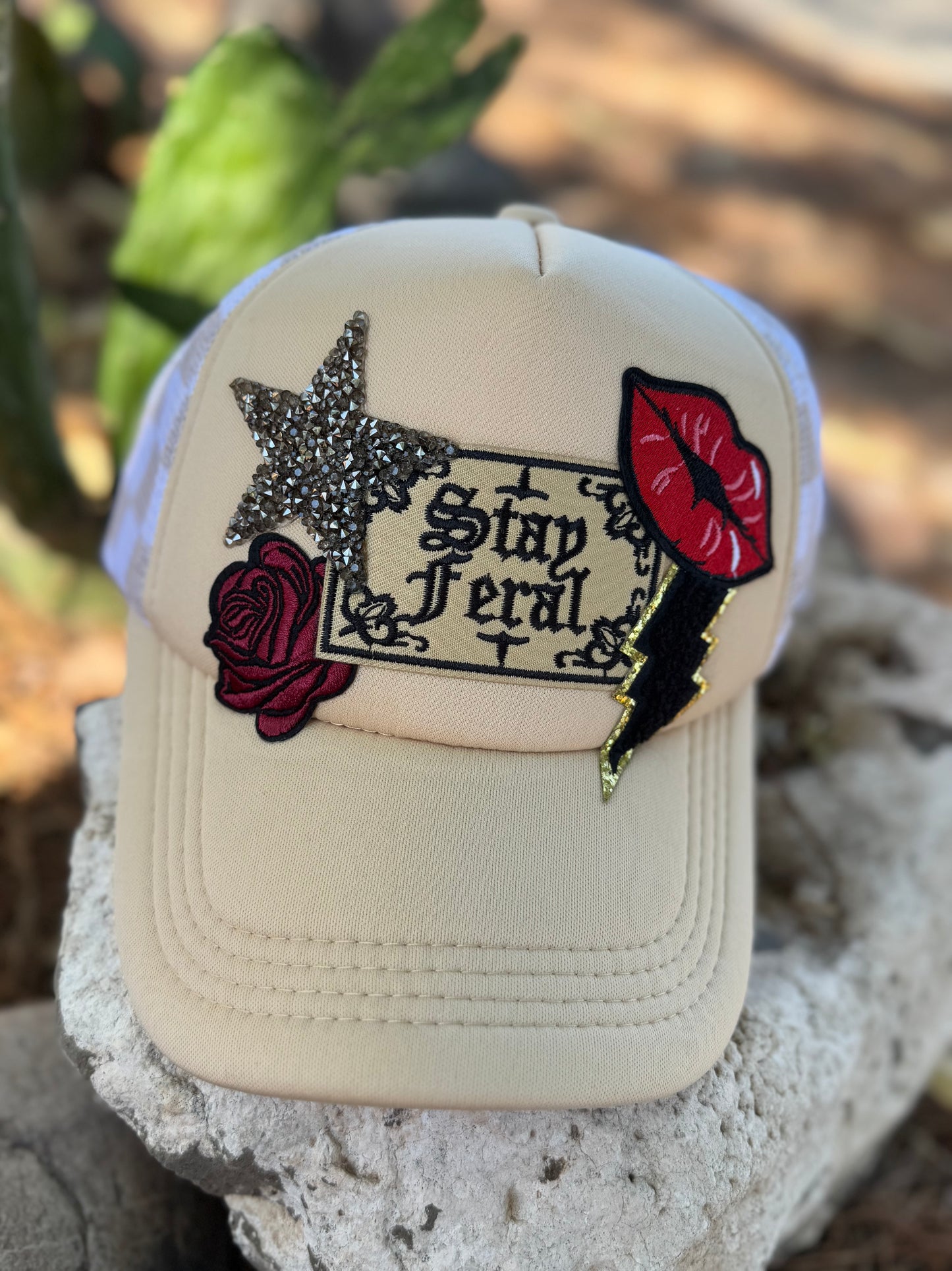 Stay Feral Trucker Hat – Tan Checkered Mesh Back | Western Rebel Trucker Hat for Women