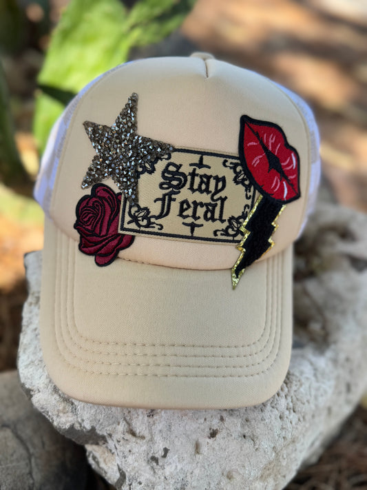 Stay Feral Trucker Hat – Tan Checkered Mesh Back | Western Rebel Trucker Hat for Women